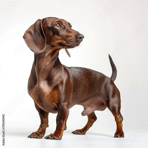 A smooth-coated dachshund dog standing with a proud and attentive pose on a white background.