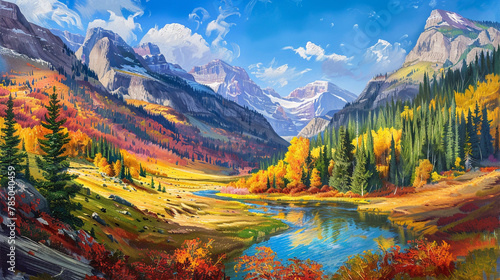 Mountainous autumn oil painting where colors cascade down slopes beside a clear river.