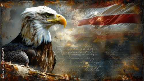 Digital composite: American bald eagle and flag is underlaid with the handwriting of the US Constitution photo