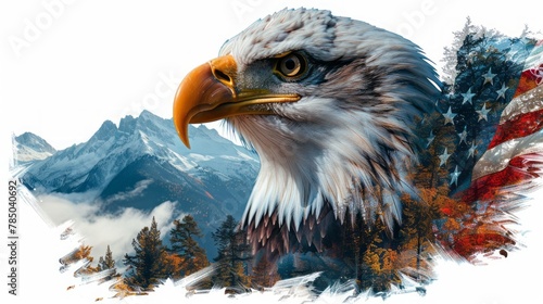 Double exposure effect of north american bald eagle on american flag.
