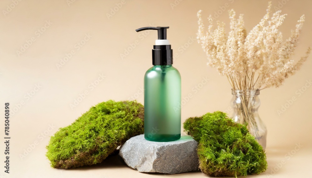 Natural Luxury: Mockup Brown Glass Bottle on Stone Pedestal Natural Luxury: Mockup Brown Glass Bottle on Stone Pedestal