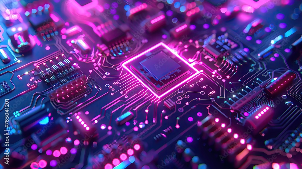 Quantum computing circuits closeup, neonlit quantum bits pulsating, complex and mesmerizing