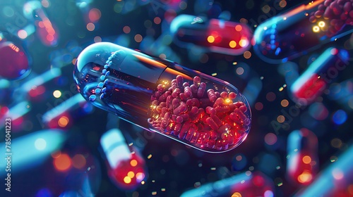Hyperpersonalized medicine capsules, microscopic view of drug release mechanisms, neonlit, precise and targeted