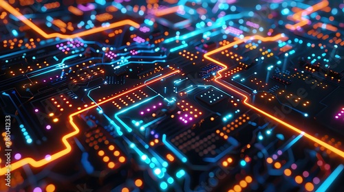 Quantum computing circuits closeup, neonlit quantum bits pulsating, complex and mesmerizing