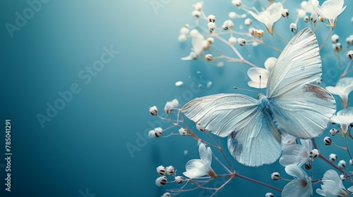 mint blue background Complemented by a large white butterfly that gracefully sits in the corner. The minimalist elements leave plenty of room for additional text or design elements to be added. photo