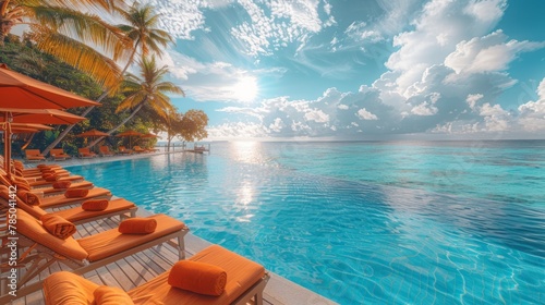 Stunning landscape. swimming pool blue sky with clouds. Tropical resort hotel. Fantastic relax and peaceful vibes. chairs. loungers under umbrella and palm leaves. Luxury travel vacation © Wanlop