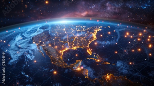 Telecommunication network above North America from space by night with city lights Satellite orbiting Planet Earth for Internet of Things IoT and blockchain technology