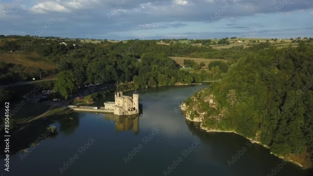 Aerial view of Roche Castle (Chateau de la Roche) on the Loire River, Saint-Priest-la-Roche, France Aerial view of Roche Castle (Chateau de la Roche) on the Loire River, Saint-Priest-la-Roche, France