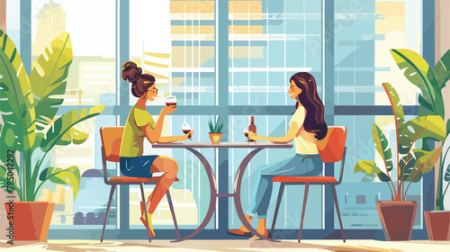 Two young woman girlfriend sitting at cafe table 