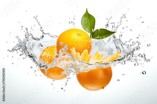 Clementine and splash of water on white background