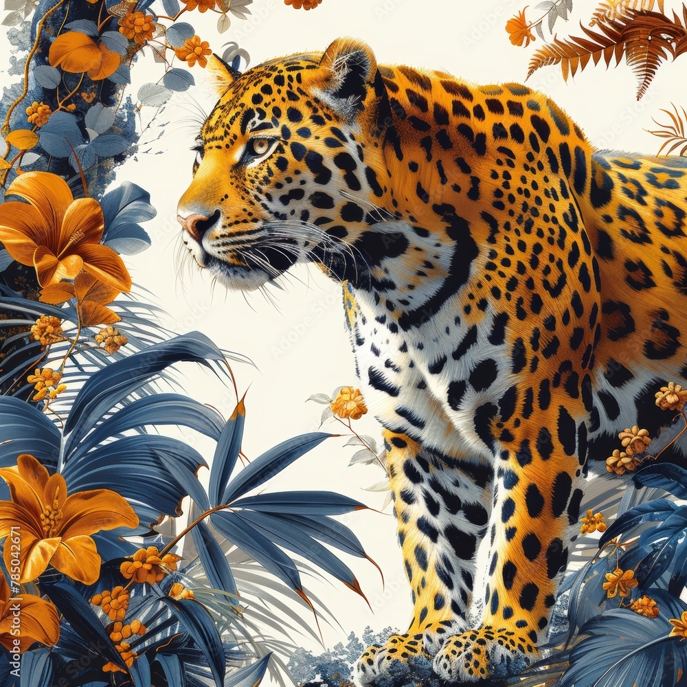On a white background, a digital drawing pattern shows leopards and tropical plants - obrazy, fototapety, plakaty 