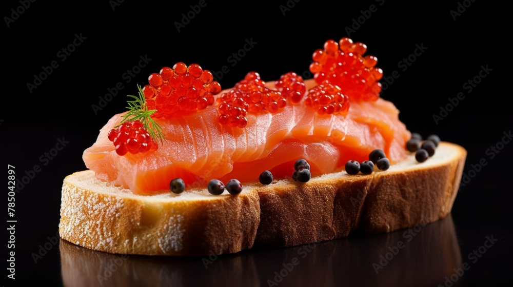 Beautiful red caviar and smocked salmon sandwich isolated on a dark background. Bread toasted canapes. Generative AI