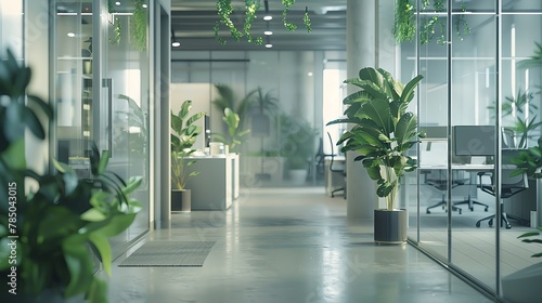 Blockchain technology being used in sustainability, modern office, clean lines, midshot, cool grays photo
