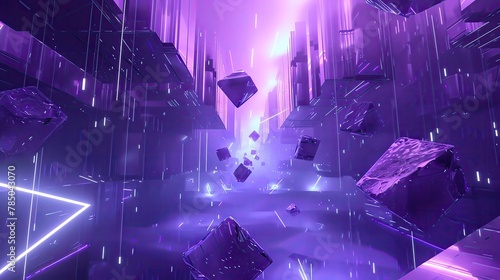 Virtual reality therapy in abstract neon space, soft edges, floating geometric shapes, soothing purples