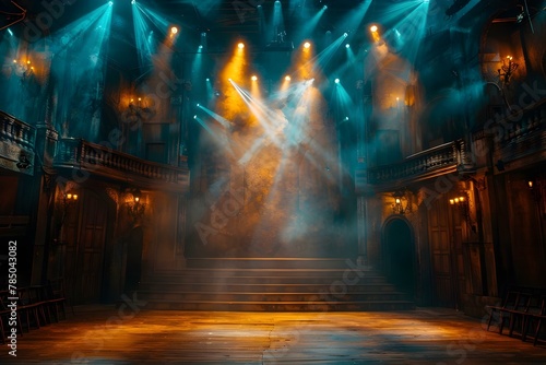 Theatrical Glow: Majestic Stage Awaits Performance. Concept Stage Design, Theatrical Lighting, Spectacular Performances, Dramatic Costumes, Captivating Audience