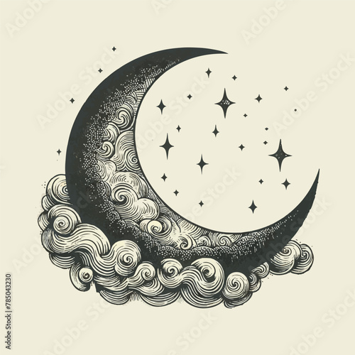 moon sketch old engraving vector illustration. hand drawn vintage moon old engraving vector illustration