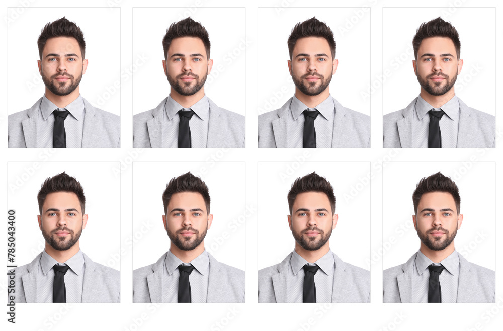 Passport photo, collage. Man on white background, set of photos Passport photo, collage. Man on white background, set of photos
