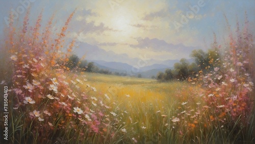 This oil painting displays a serene landscape filled with wildflowers, lush greenery, and mountains under a glowing sun photo