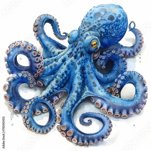Blue octopus watercolor illustration on white