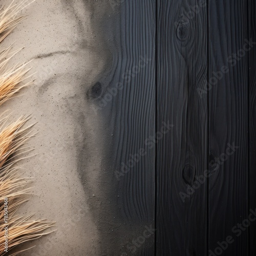 Beach sand and black wooden background with copy space for summer vacation concept, text on the right side