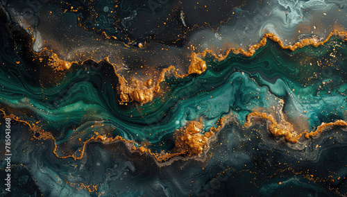 A stunning digital art piece showcasing an aerial view of swirling  emerald green and gold patterns on dark grey water. Created with Ai