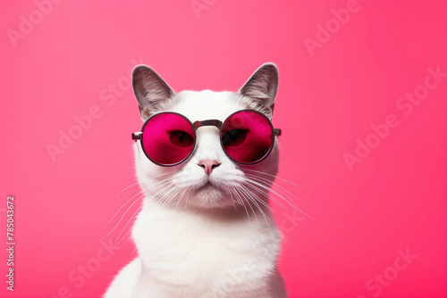 A whimsical cat in funky sunglasses and contemporary attire, playfully posing against a lively pink background, creating a visual delight.