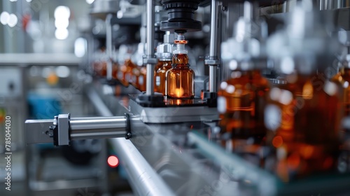 A detailed view of the labeling machine applying branded labels to the bottles, the intricate designs and vibrant colors coming to life under the natural light that floods the factory.