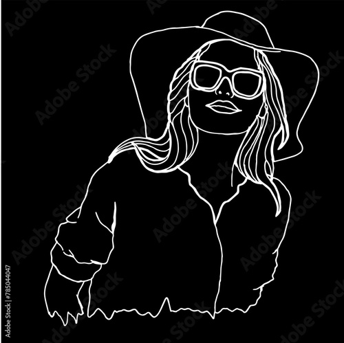 Summer Theme Woman Wearing Sunglasses White Line Art Vector