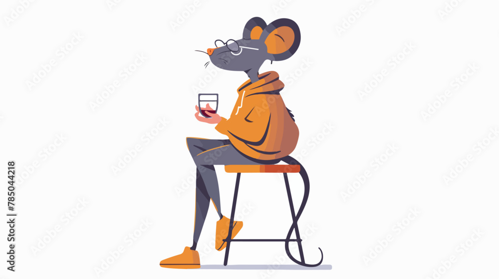 Woman with mouse head sitting on bar stool holding