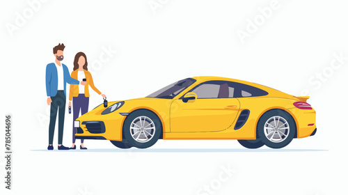 Young couple buying or renting yellow sports car