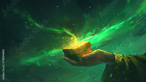 Hand of a witch casting a spell over a gift box, vibrant green aurora background, dynamic angle,  2d Illustrator photo