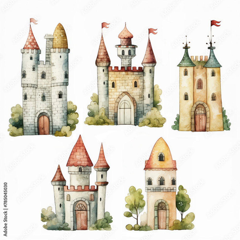 A collection of cute delicate watercolor fairytale castles, perfect for storytelling book illustrations.