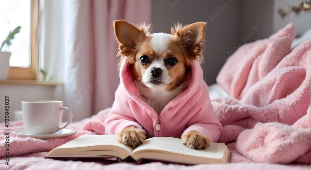 Planning and reading in a cozy white bed at home with a pet. Cozy weekend at home with a blank notebook, an adorable little dog that is attempting to cam, and hot tea. hooded pajamas in pink. relaxed 