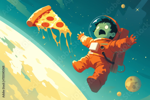 Playful scene of a zombie in a spacesuit, clumsily floating towards a floating pizza in zero gravity,  2d Illustrator photo