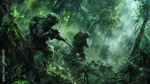 A detailed depiction of a guerrilla warfare scene in a dense jungle  with camouflaged fighters preparing an ambush  highlighting the unconventional tactics used in asymmetrical conflicts.