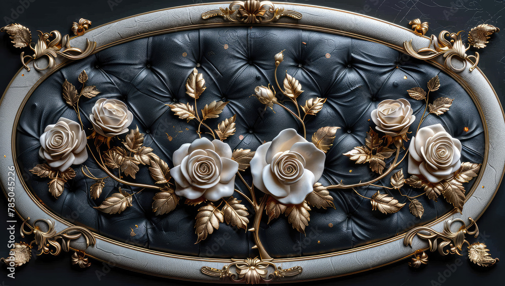 3d wallpaper, roses in the oval frame on black leather background. Created with Ai