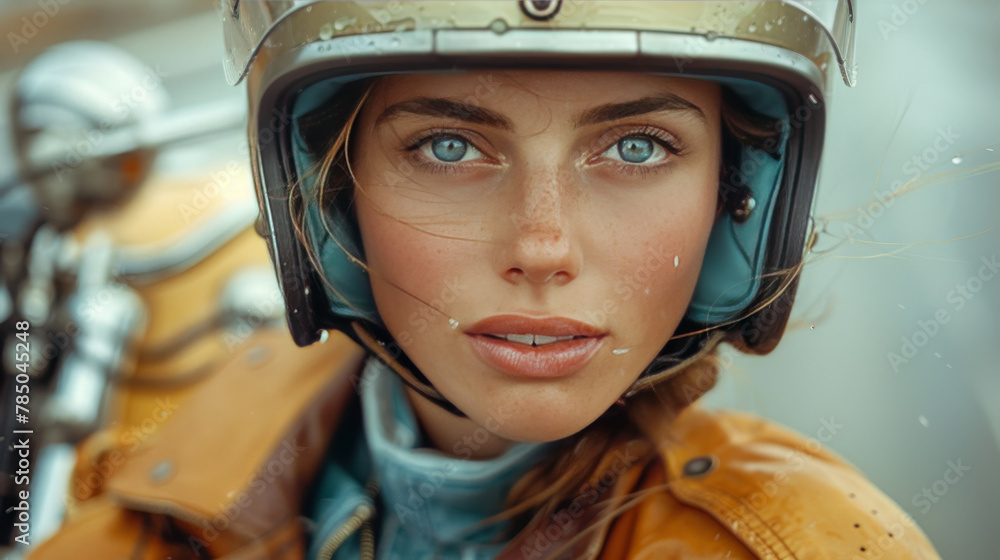 Road Warrior: Woman with Helmet and Motorcycle Ready for Adventure Road Warrior: Woman with Helmet and Motorcycle Ready for Adventure