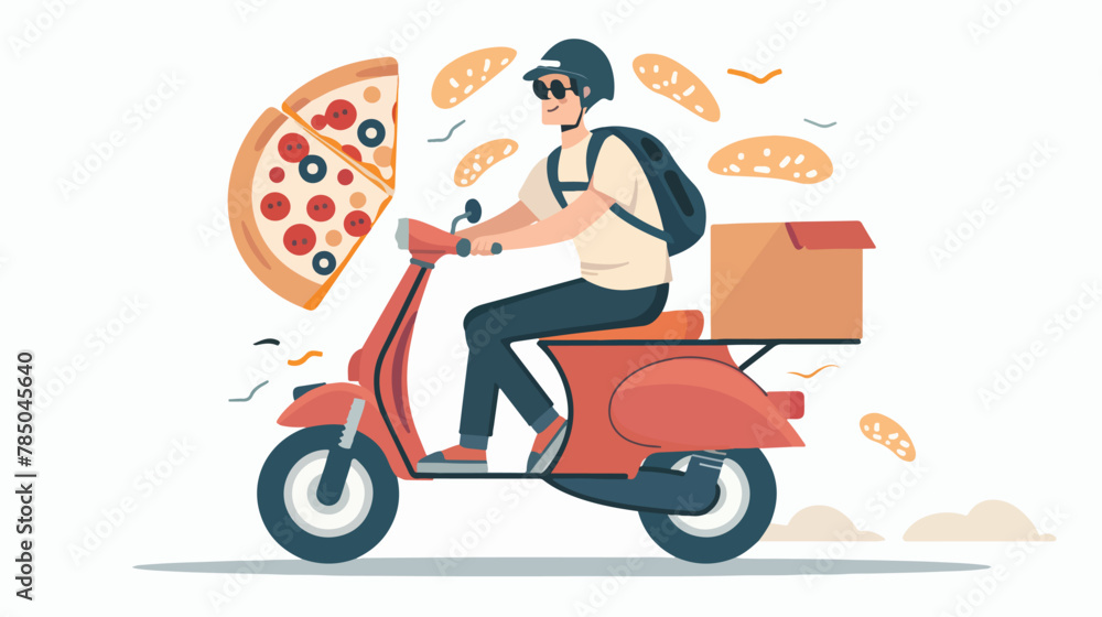 Young man on a scooter delivering pizza. Flat style 