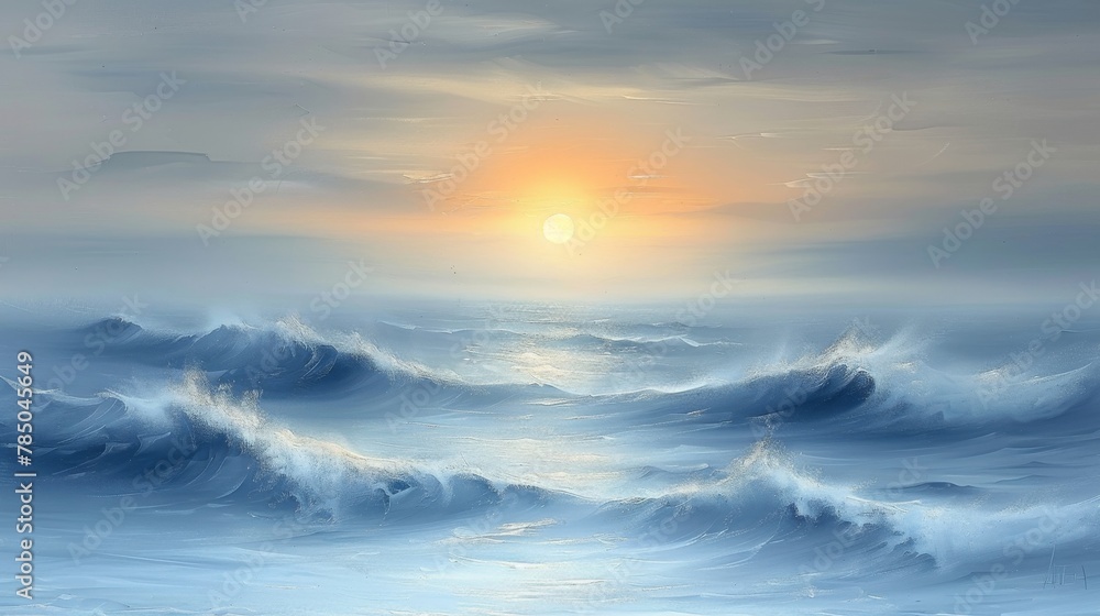 A painting of a rough sea with a setting sun in the distance.