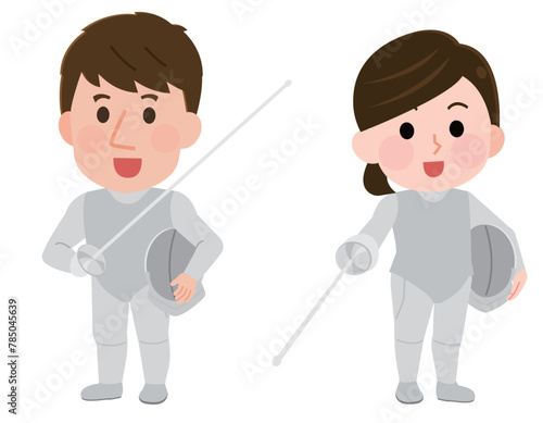 フェンシングをする男性と女性　イラスト