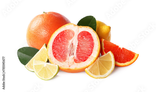 Fresh ripe citrus fruits and green leaves isolated on white