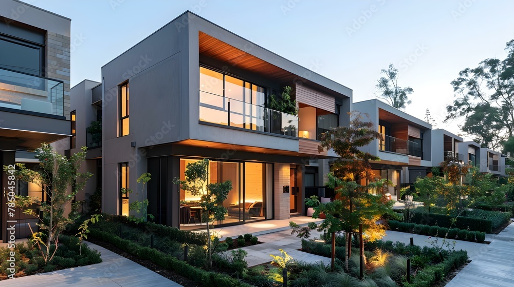 Modern Modular Townhouses at Dusk, Urban Elegance with Space. Concept Architecture, Townhouses, Dusk, Urban, Elegance