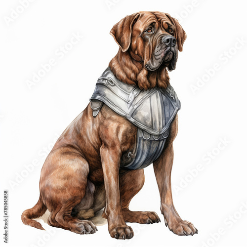 A regal mastiff dog adorned with a protective armor suit, depicted in a stunning watercolor painting, showcasing the strength and nobility of the breed.