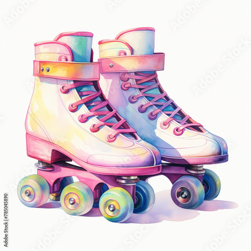 A vibrant watercolor illustration of old-school roller skates with neon straps, evoking the nostalgic roller disco era of the 1990s, isolated on white.