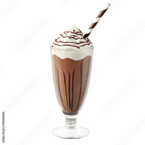 Chocolate Fudge Delight Milkshake chocolate drizzle chocolate shavings clear glass no background Summer drink concept