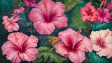 Digital illustration of vibrant hibiscus flowers in shades of pink and red, symbolizing tropical beauty and nature's artistry