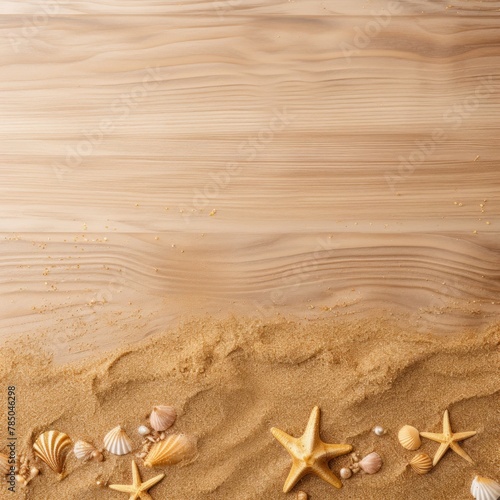 Beach sand and gold wooden background with copy space for summer vacation concept, text on the right side