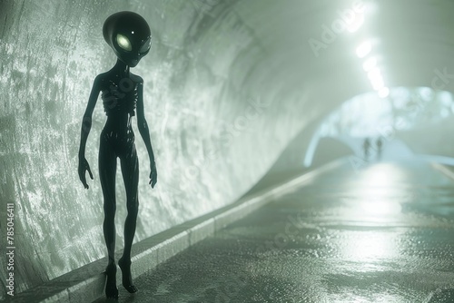 An alien walking down a city street