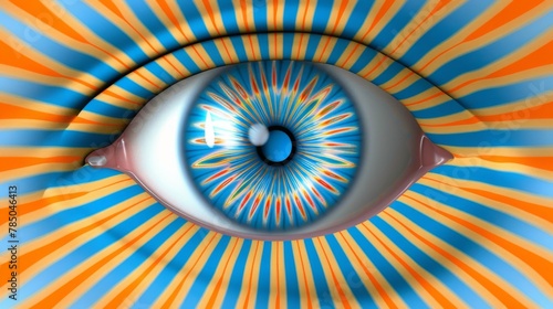 An eyeball with a blue iris and yellow sclera against a background of blue and orange stripes. photo