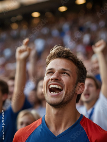 Young man cheering at the sport game from audience, moments of celebration, crowd reactions to game-changing decisions and people showing team spirit through chants and cheers. photo